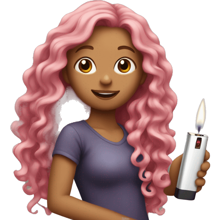 girl with long pink wavy hair holding a lighter emoji