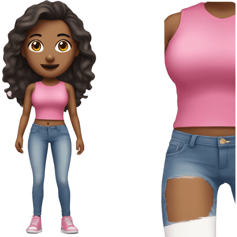 Brunette white baddie with a small waist in a pink top with jeans and sneakers  emoji