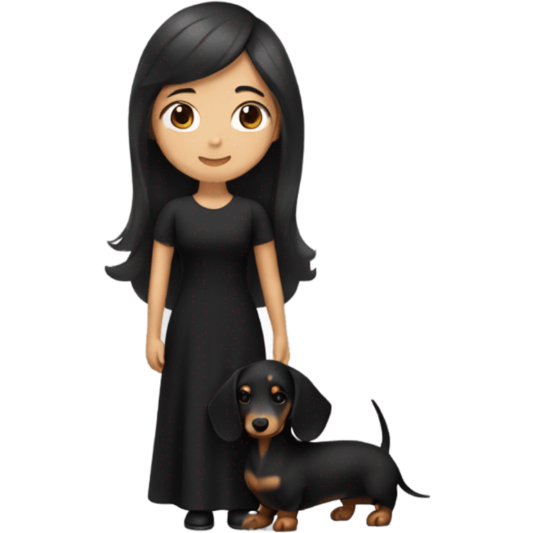 an Asian girl with long hair, wear black dress, hugging a long haired dachshund emoji