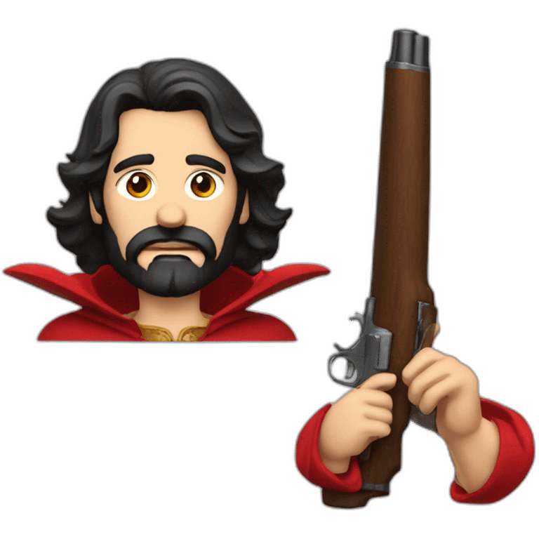 dark-haired bearded man drunk with a big shotgun a cigar and a red cape emoji