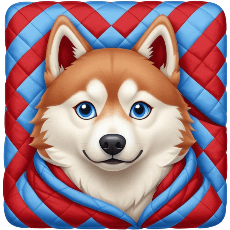 Red Siberian husky with blue eyes cozy in a quilt emoji