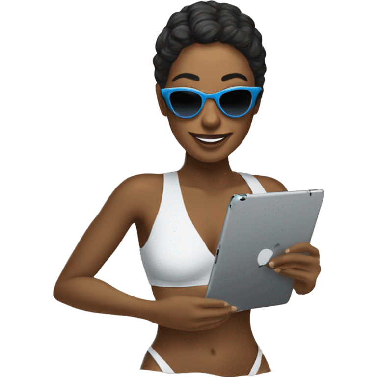 Woman on the beach on her iPad with sunglasses on  emoji