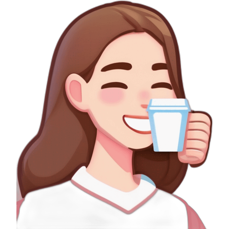 woman with pale skin and brown long thin straight hair wearing a white woolly shirt drinking coffee from a light pink takeaway cup eyes closed but smiling emoji