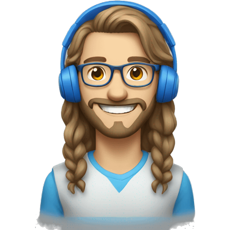 belarusian guy with long hair, with short bristle, glasses, with blue headset, smiling with grin  emoji