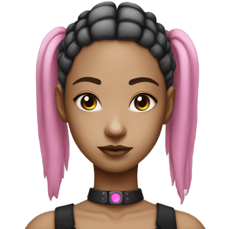 cyborg girl, pink twintails, cyberpunk, black collar, black crop top emoji