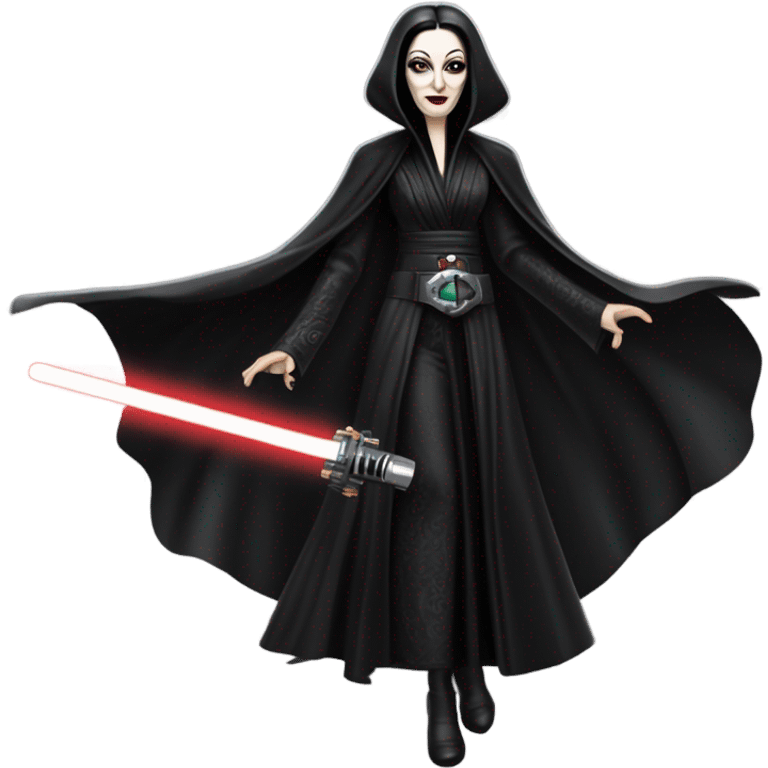 Jedi Morticia Addams flying a Jumpspeeder anti-gravity repulsorlift powered by an imperial speeder steampunk  emoji