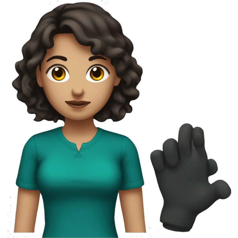 female with dark brown hair and short haor wearing a shirt that is colored dark teal with Control Alt Delete on it emoji