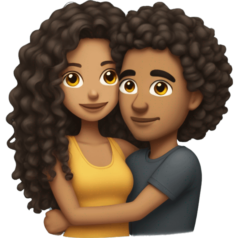 Mixed girl with curly long hair and her Mexican boyfriend with a curly fade hugging  emoji