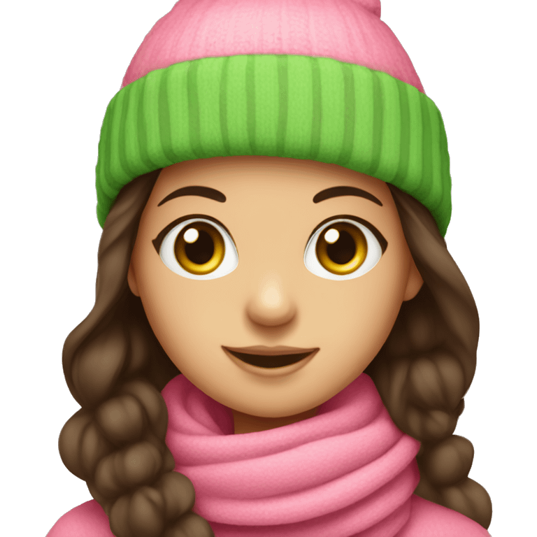 A girl with green eyes and long dark brown hair wearing a pink hat with Pom pom and scarf emoji