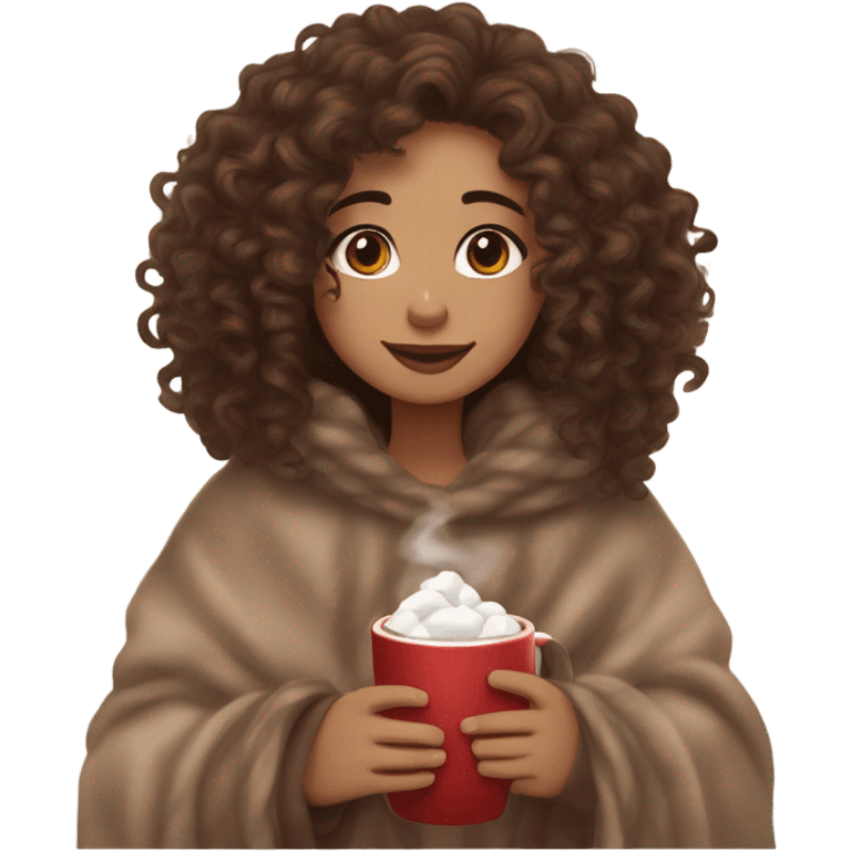 Light skin girl with brown curly hair under our blanket,make her look like a young  make it so you can see the curly hairsipping hot cocoa with marshmallows, cuddled around the blanket, long curly hair, long, medium lashes emoji