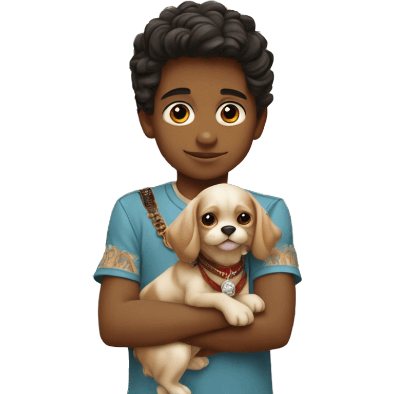 A cute boy of 5 years old with an Indian skin color wearing Gucci and standing infront of a modern Indian mansion. The boy is holding a cute puppy emoji