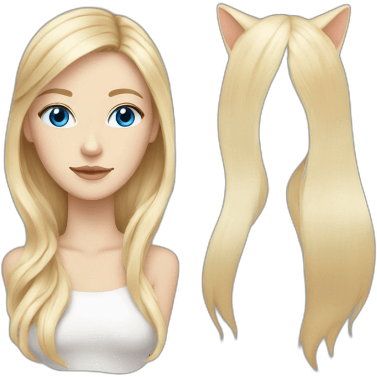 White woman with long blonde hair, blue eyes, white cat with brown eye, blue eye emoji