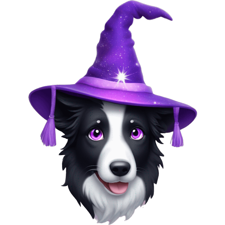 Border Collie with rainbow-coloured eyes wearing a purple velvet wizard hat covered with tiny, sparkling, silver stars. emoji