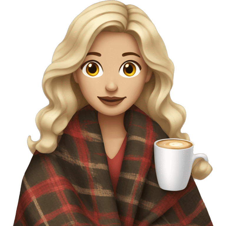 Dark blonde hair woman with brown eyes cozy plaid blanket with coffee emoji