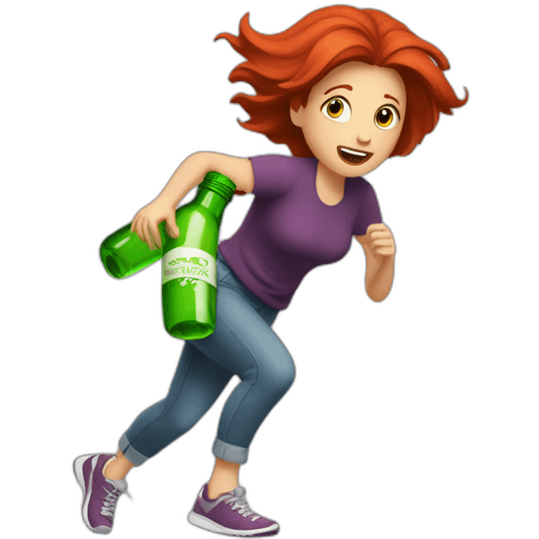 red-haired woman runs under her feet a broken bottle emoji