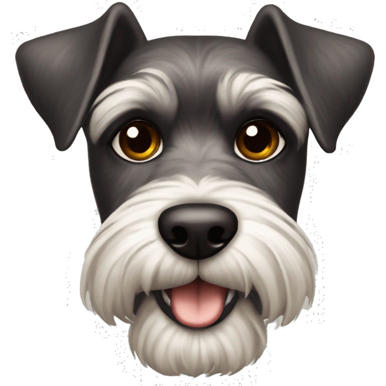 Schnauzer dog with dark brown eyes, super pointed  and a plaque in bone form that says HUMA emoji