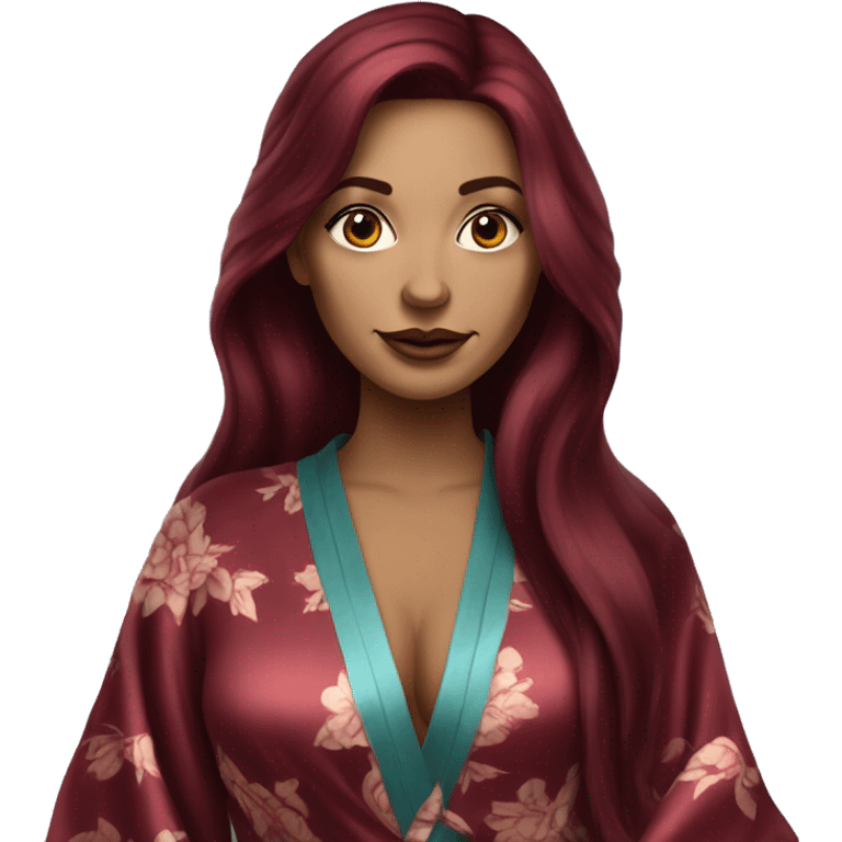 Beautiful tattooed burgundy long haired woman in silk robe emoji