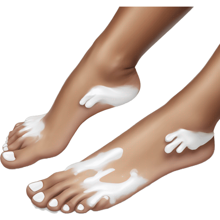 Womans feet painted with white nail polish and a hand also painted with white nail polish going over the ankle of the feet emoji