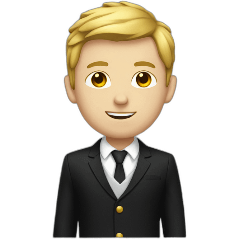 A white kid wearing a black and gold suit emoji