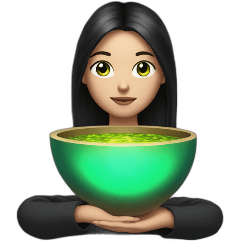 sound bowl healer woman with long dark hair and green eyes emoji