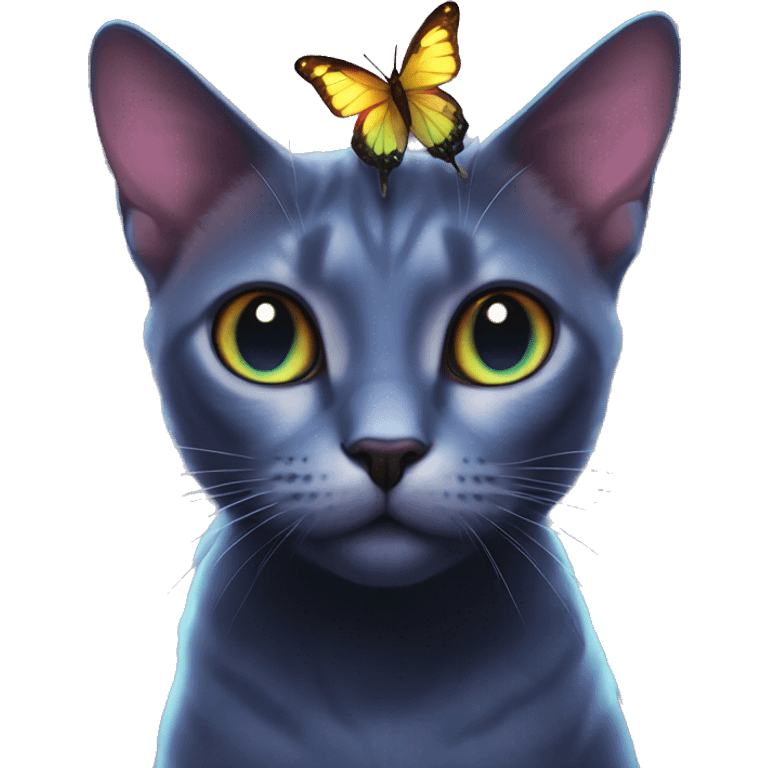 Dark iridescent butterfly glowing on top of cats head  emoji