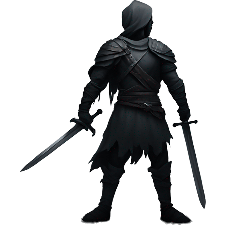 Dark, moody artwork of a lone warrior with a large sword on his back, standing in a shadowy, mysterious setting. emoji