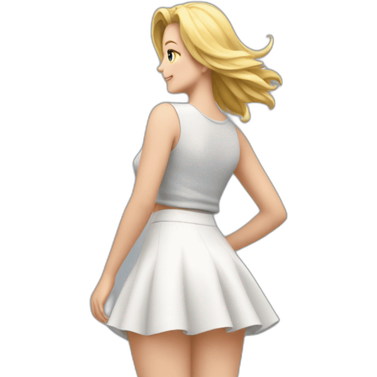 full body back view curvy caucasian beauty in small skirt lifted by the wind white socks emoji