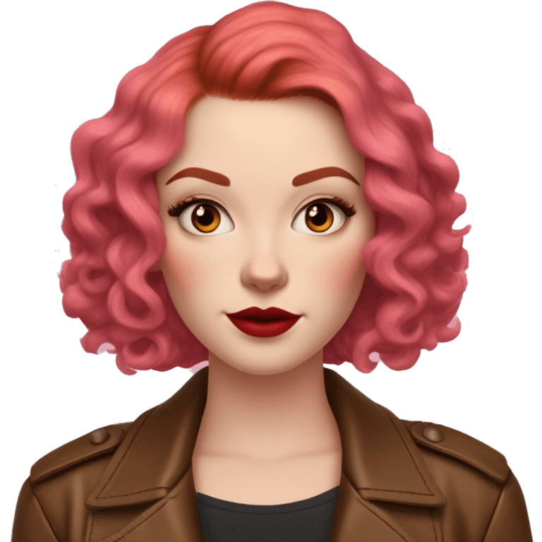 Woman with very pale skin, bright red curly short bob hair that is parted on the side, heavy cat-eye makeup, long eyelashes, bright pink blush and bright pink lipstick.  Her eyebrows are dark, arched and very high.  Hazel eyes. Wearing a leather jacket  emoji