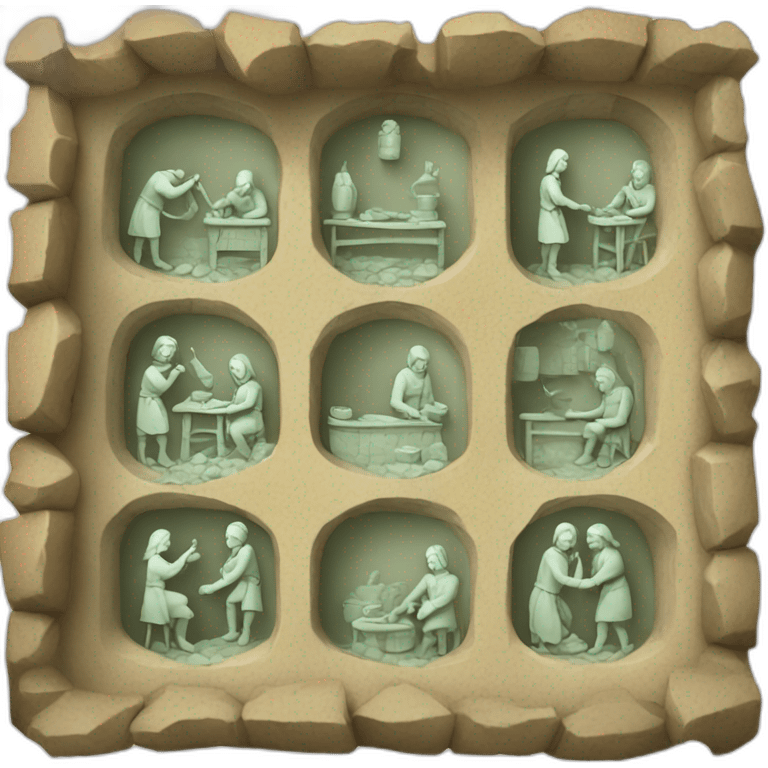 inside of a medieval mint showing different people working inside emoji