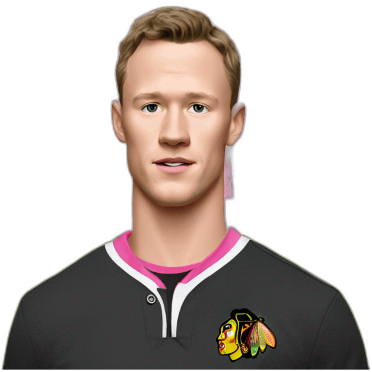 Jonathan Toews standing in front of pink mansion emoji