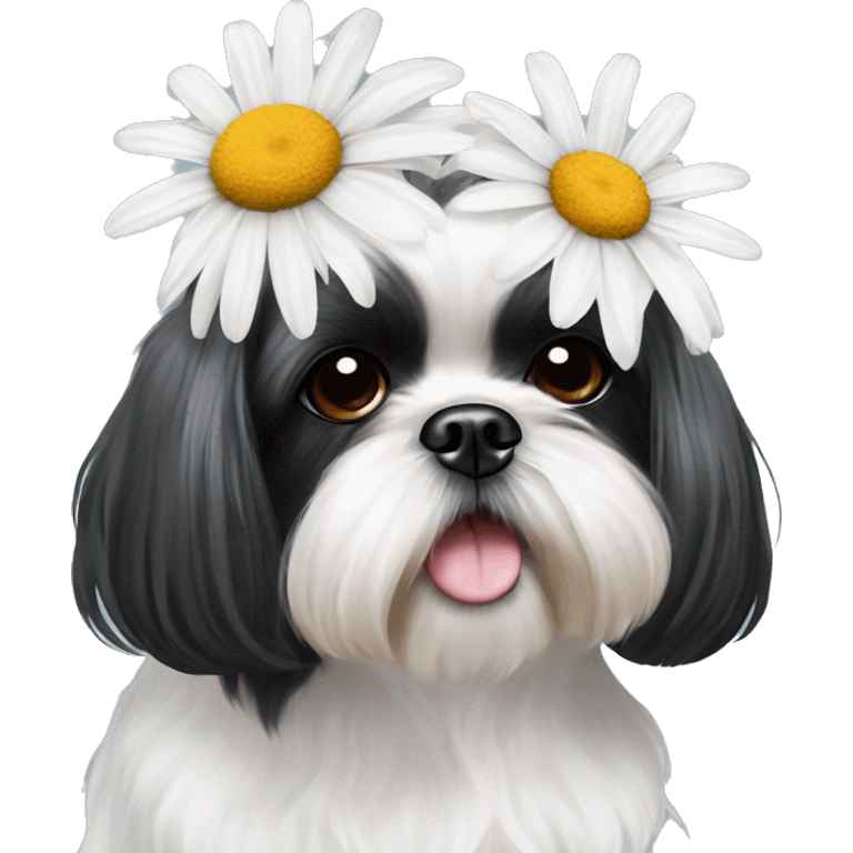 Mostly Black and white shih tzu long ears with a daisy  emoji