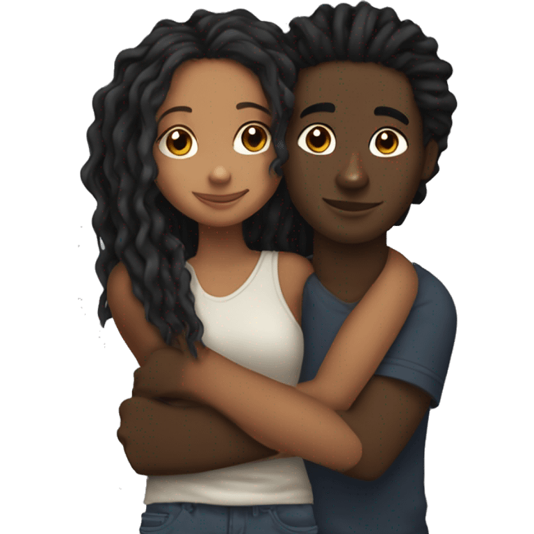 Brown girl with wavy hair hugging black boy who has dreads  emoji