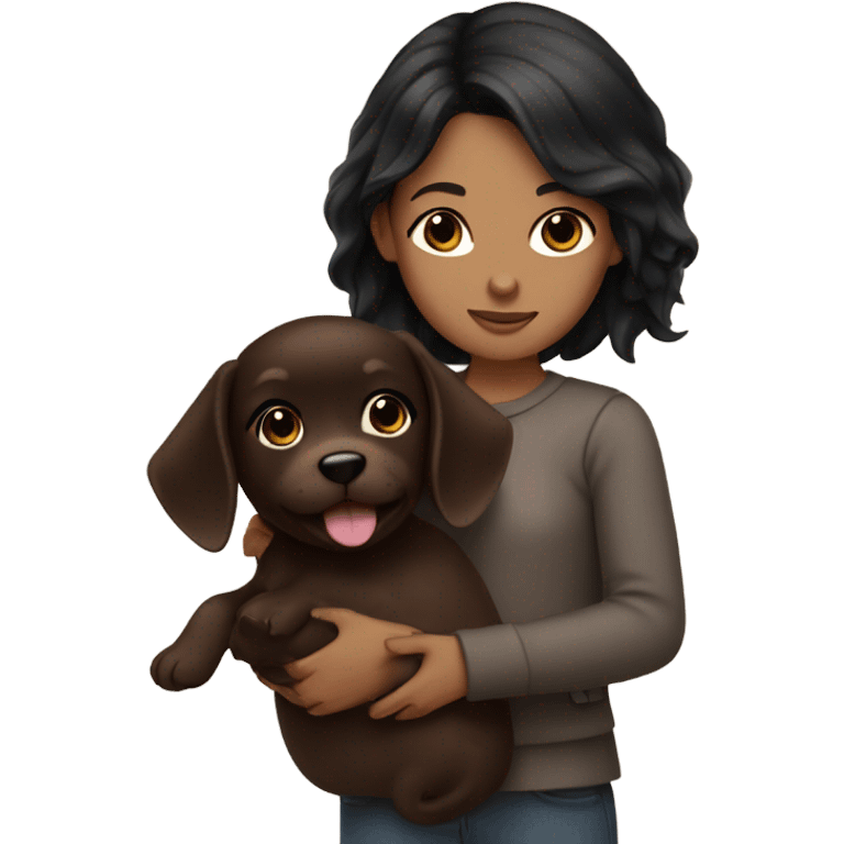 girl with black hair holding chocolate brown puppy  emoji