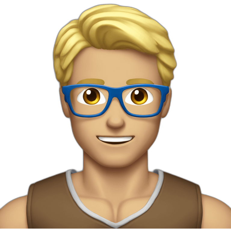 Blond man blue eye glasses muscle eat hazelnut emoji