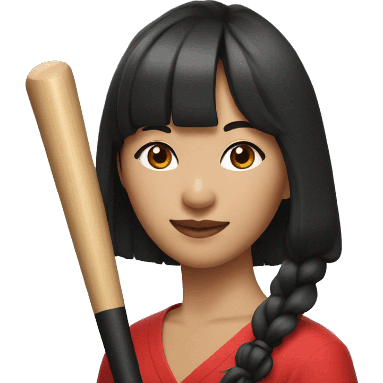 Asian Woman with full bangs, smiling, red water on face, long black hair, hoop earrings, red dress, holding a baseball bat emoji