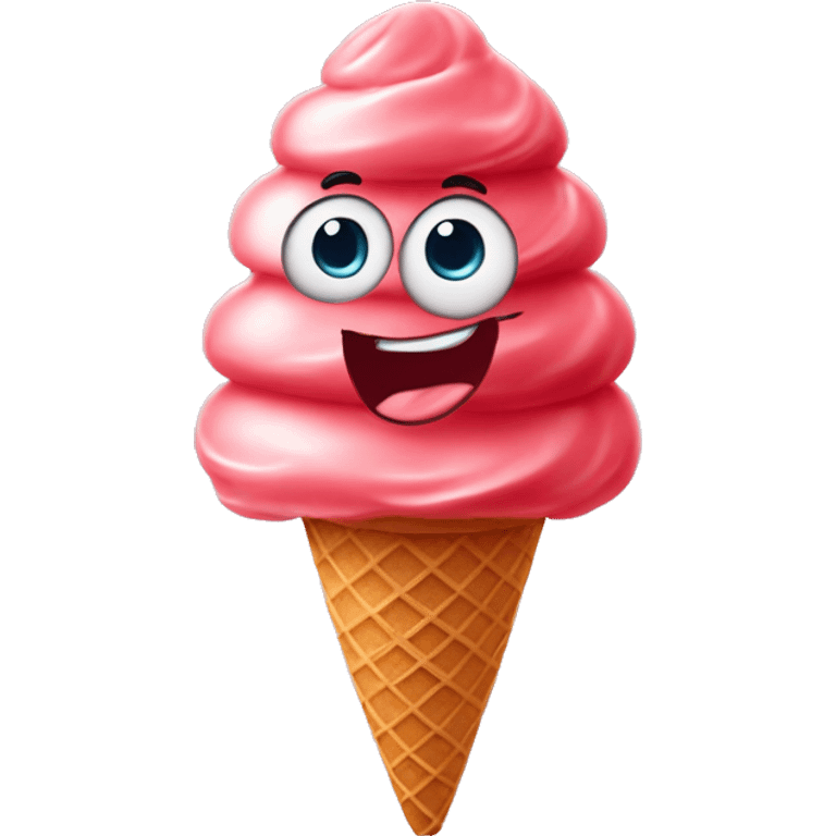 a rscoop of strawberry gelato on a sugar cone with an animated eyes and smiling mouthund  emoji