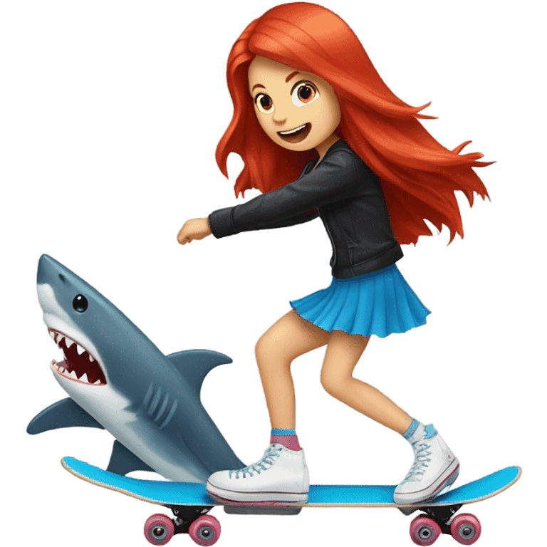 red hair girl blonde girl brunette girl riding a skating shark emoji