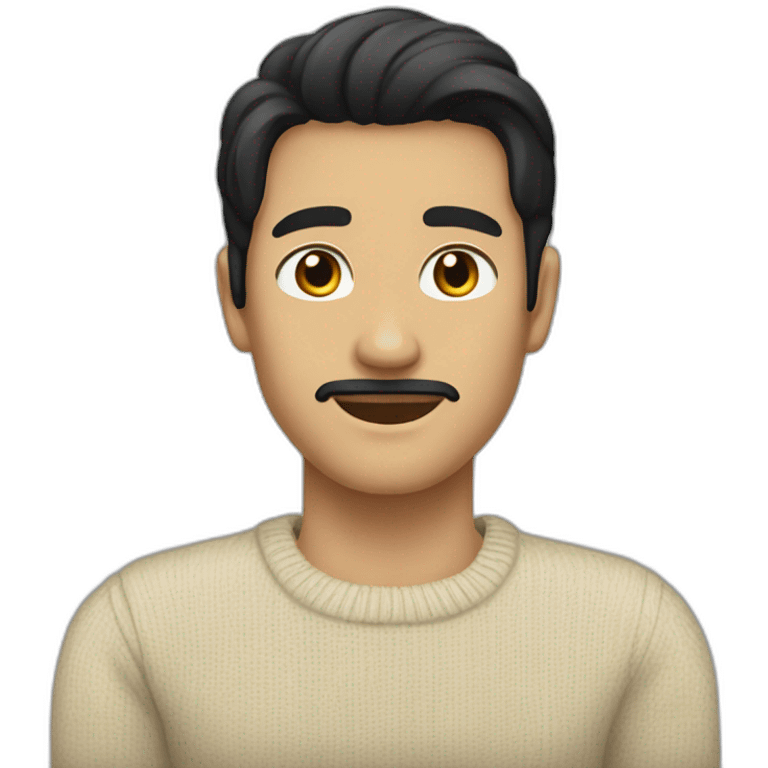 a guy with a long classic hairstyle, he has black hair, he has black eyes, he also has a beige sweater, he is tall, he has an elongated neck. emoji