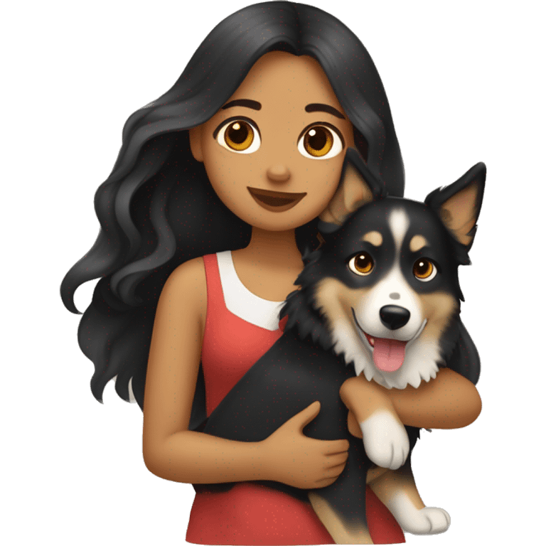 tan girl with long wavy black hair,  hugging a german shepard/husky mix emoji