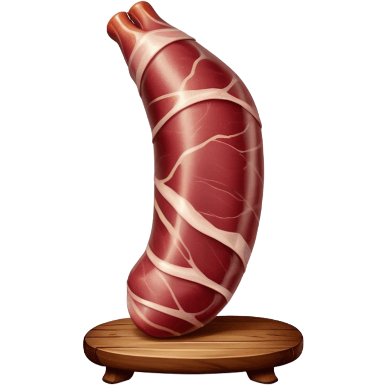 ​Cinematic Realistic Spanish Jamón Leg, depicted as a massive, cured leg of Jamón serrano (ham) with a deep reddish-brown hue, intricately marbled and slightly glossy with age, elegantly displayed on a rustic wooden stand and bathed in warm, soft lighting that accentuates its artisanal heritage, emoji