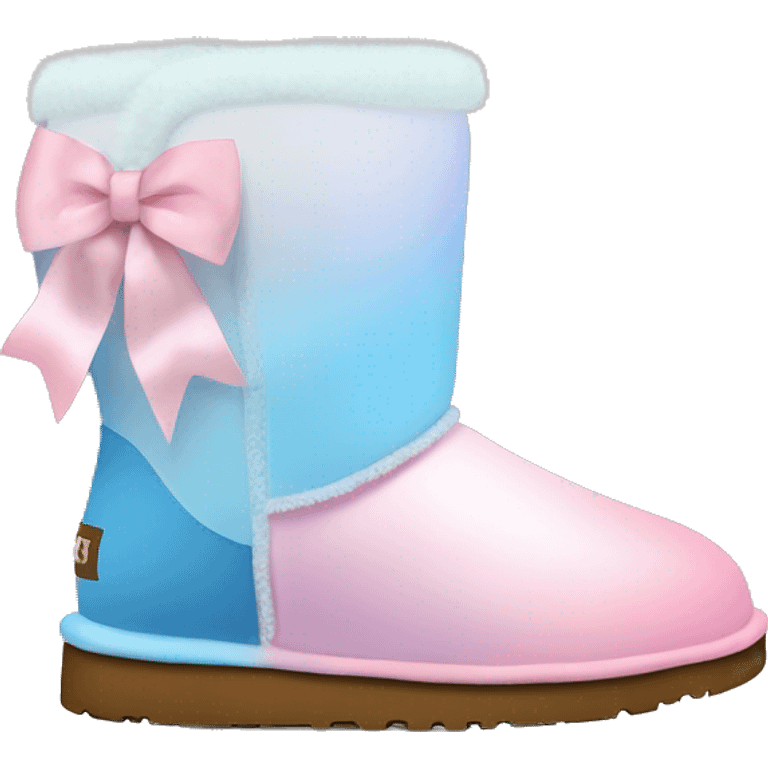 Realistic pair of pastel pink to pastel blue ombre fur Ugg boots with silk ribbon bows. emoji