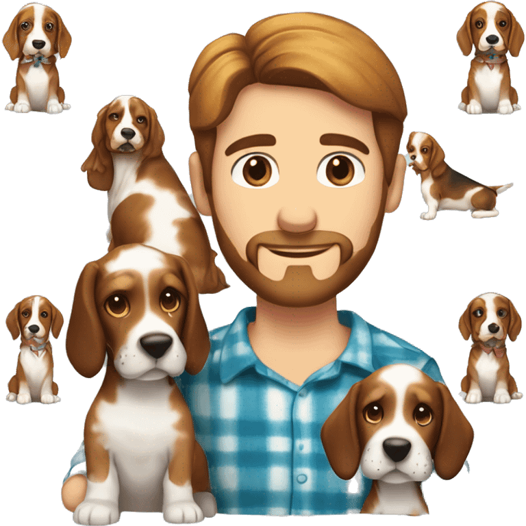 White male with short dark brown hair and reddish brown beard wearing a tie-dyed shirt holding a  Bassett hound female puppy  emoji