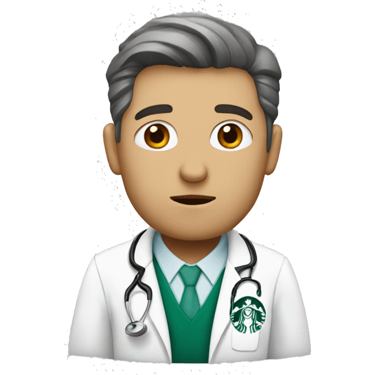 Tired white doctor with a starbucks coffee emoji