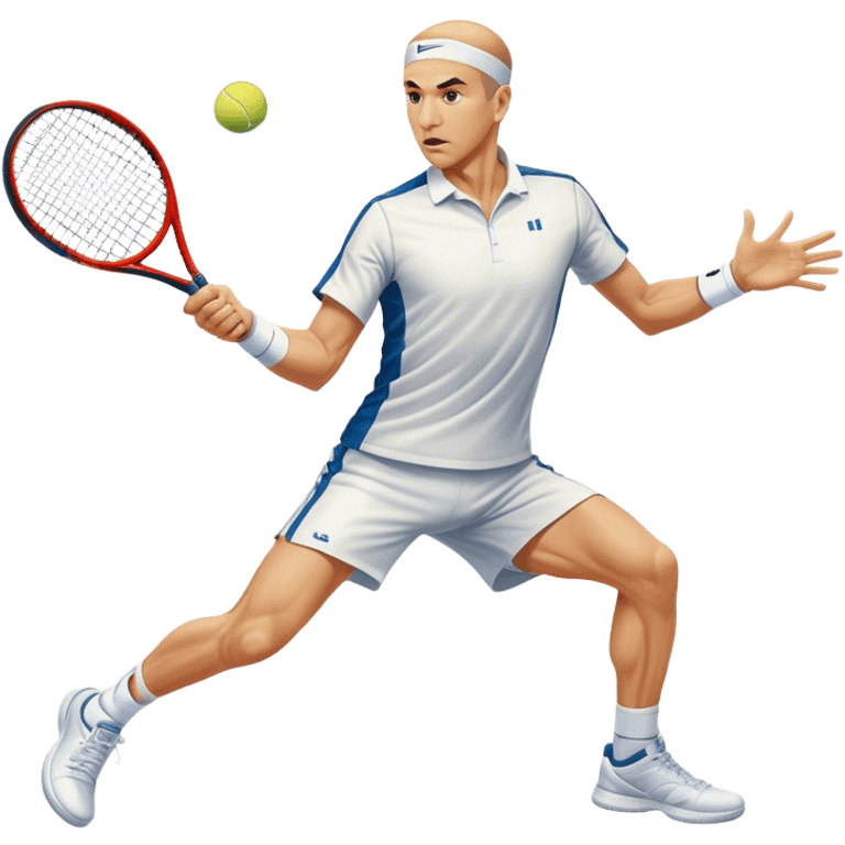 Cinematic Realistic portrait of Goran Ivanišević, depicted as an iconic tennis player in dynamic motion with detailed athletic gear and intense focus, illuminated by bold stadium lighting that accentuates his competitive spirit. emoji