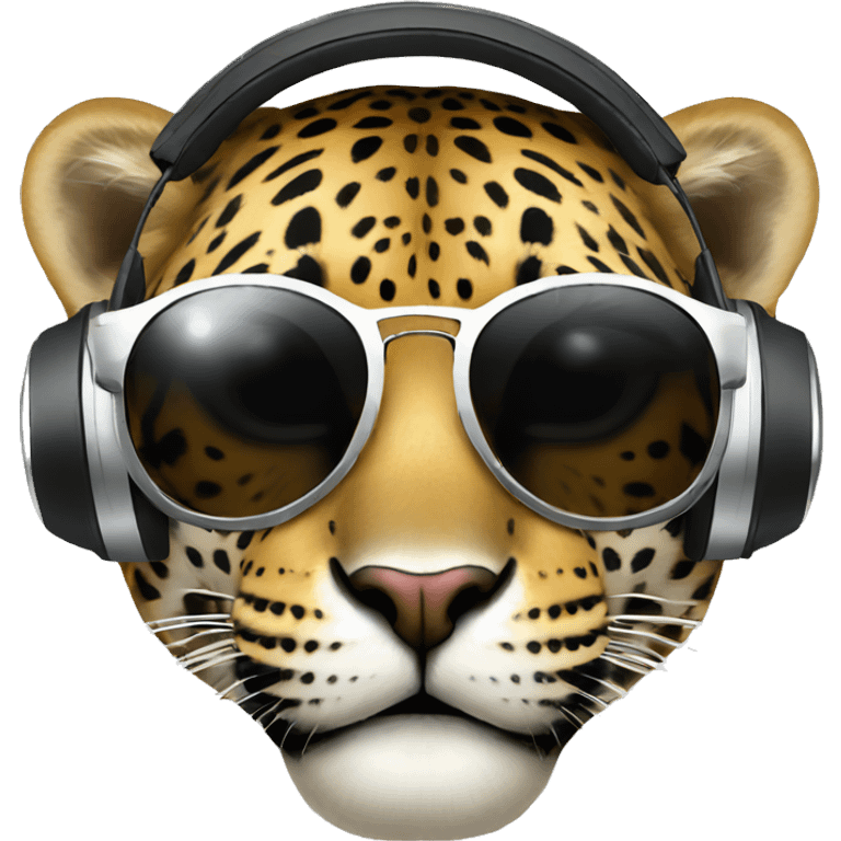 cool jaguar dj, round emoji face, looking forward, wearing cool sunglasses, wearing over-ear headphones on top of head emoji