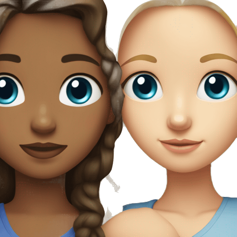 brunette girl with hazel eyes and blonde girl with blue eyes hugging emoji