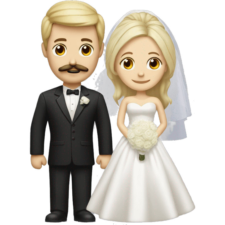 brunette Bride and blonde groom big chedt and mustache emoji