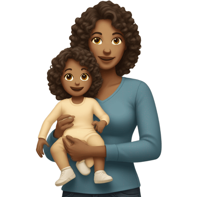 mom with light tan skin, shoulder length dark brown curly hair carrying 2 babies  emoji