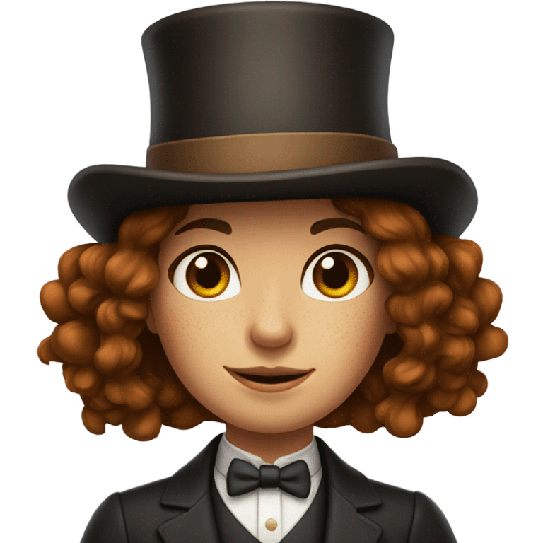 freckled girl with brown hair with top hat emoji