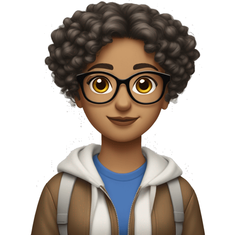 An Arabic girl with medium long curly hair but not too curly with big dark brown glasses and nice hazel eyes. And AirPods Pro max  emoji